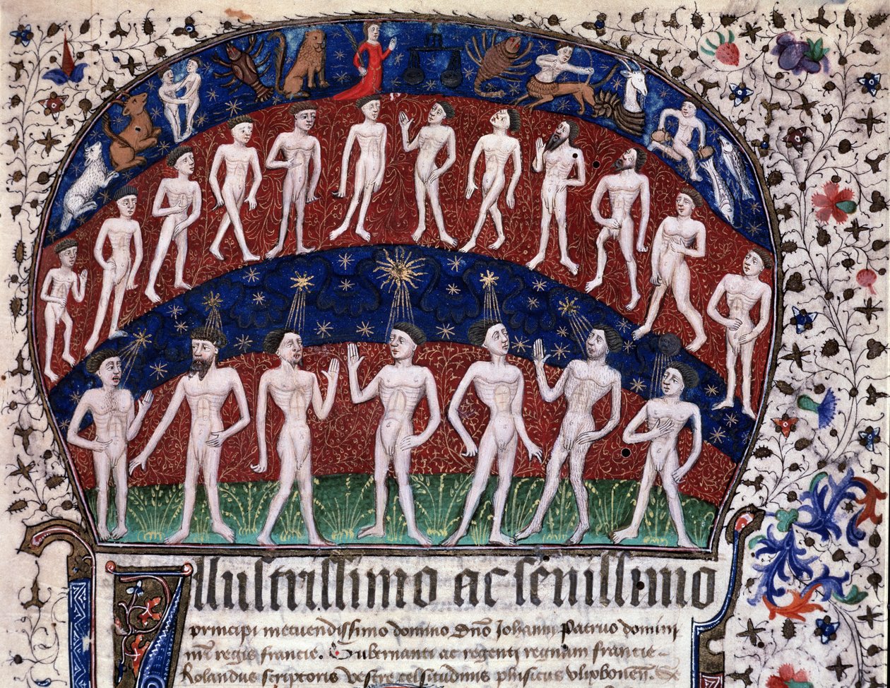 Lizbona, MS 52-XIII-18 f.1r, miniatura przedstawiająca zależności między organami i planetami oraz wpływ gwiazd na nastroje, z "Physionomia Rolandi Ulixbonensis", Rolandus Scriptoris autorstwa Portuguese School