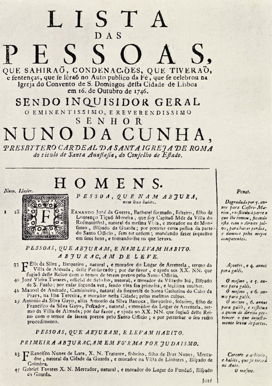 Program dla Auto da Fe w Lizbonie, 1746, z „Hiszpańskiej Inkwizycji” Cecila Rotha, opublikowany 1937 autorstwa Portuguese School