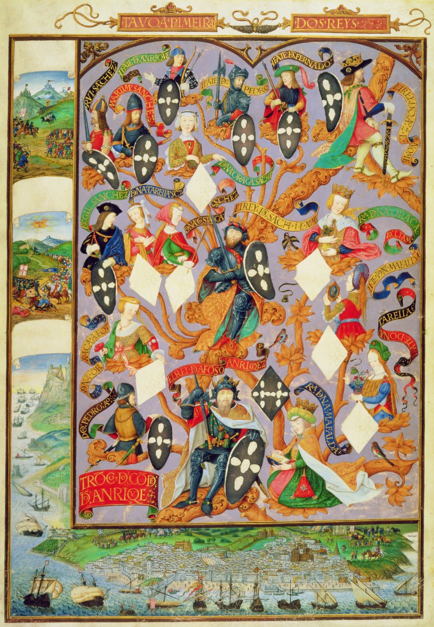 Dodaj Ms 12531 f.7 Drzewo genealogiczne Alfonsa I (1128-85) autorstwa Portuguese School