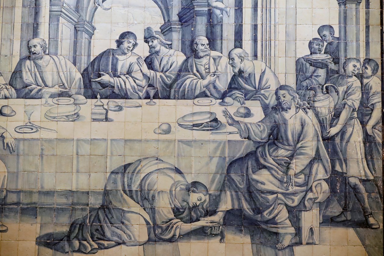 Kościół Miłosierdzia. Azulejos. Jezus jest namaszczony przez grzeszną kobietę w Ew. Łukasza 7:36-50. Evora. Portugalia. autorstwa Portuguese School