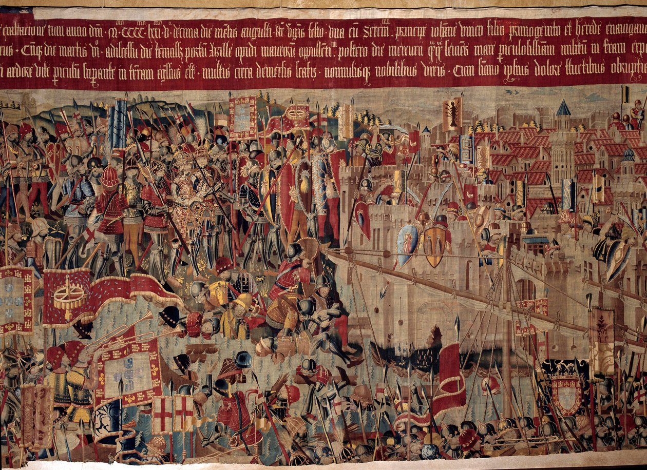 Podbój Afryki: „”Zdobywanie Asilah (Arzila) w Maroku w 1471 r. przez flotę portugalską””” Fragment gobelinu XVI-wiecznej szkoły portugalskiej. Lizbona, Narodowe Muzeum Sztuki Starożytnej autorstwa Portuguese School