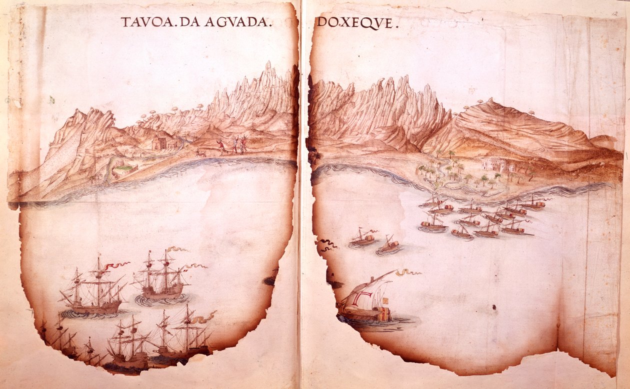 Cotton Tiberius D. IX, ff.11v-12 Widok Aguady, ilustracja z „Trasy podróży Goa do Morza Czerwonego”, Estevao de Gama autorstwa Portuguese School