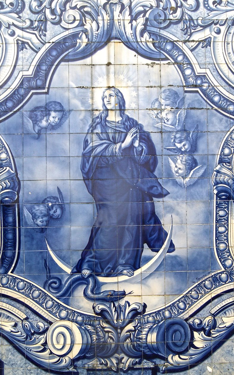 Fragment ozdobnego panelu przedstawiający Matkę Boską miażdżącą Węża, Lamego, Portugalia. 1738 autorstwa Portuguese School