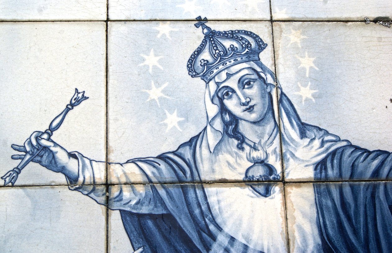 Szczegół Maryi Dziewicy z ozdobnego panelu przedstawiający ją miażdżącą Węża, Lamego, Portugalia. 1738 (płytki ceramiczne) autorstwa Portuguese School