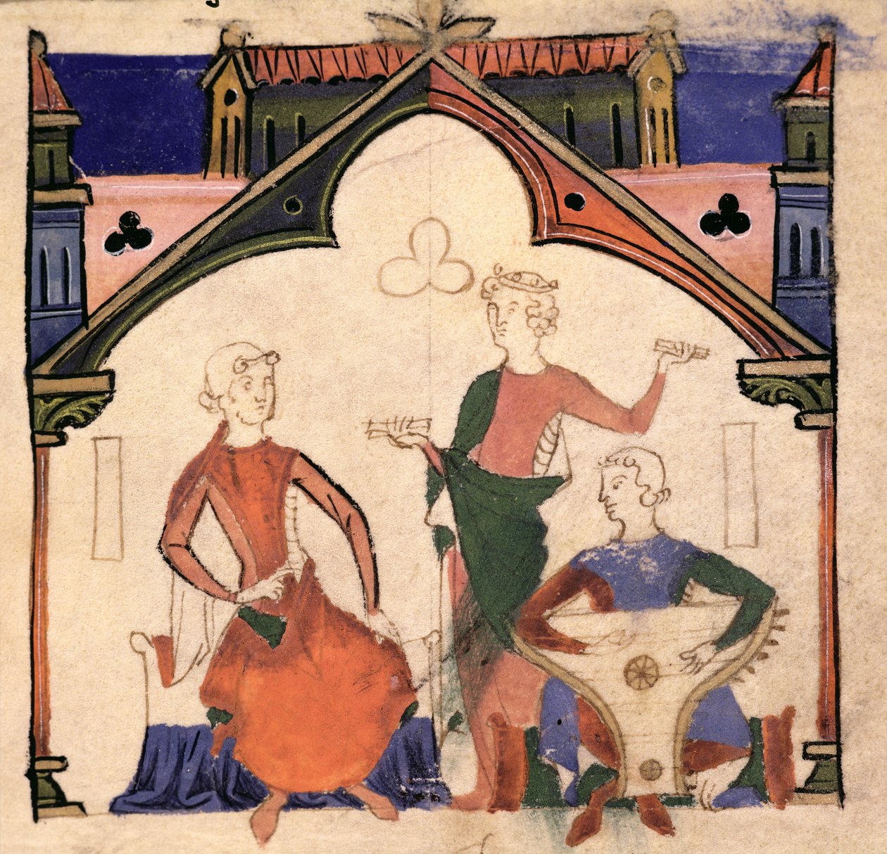 Fol.4r Muzycy grający na kastanietach i psałterium z Chansonnier des Nobles autorstwa Portuguese School