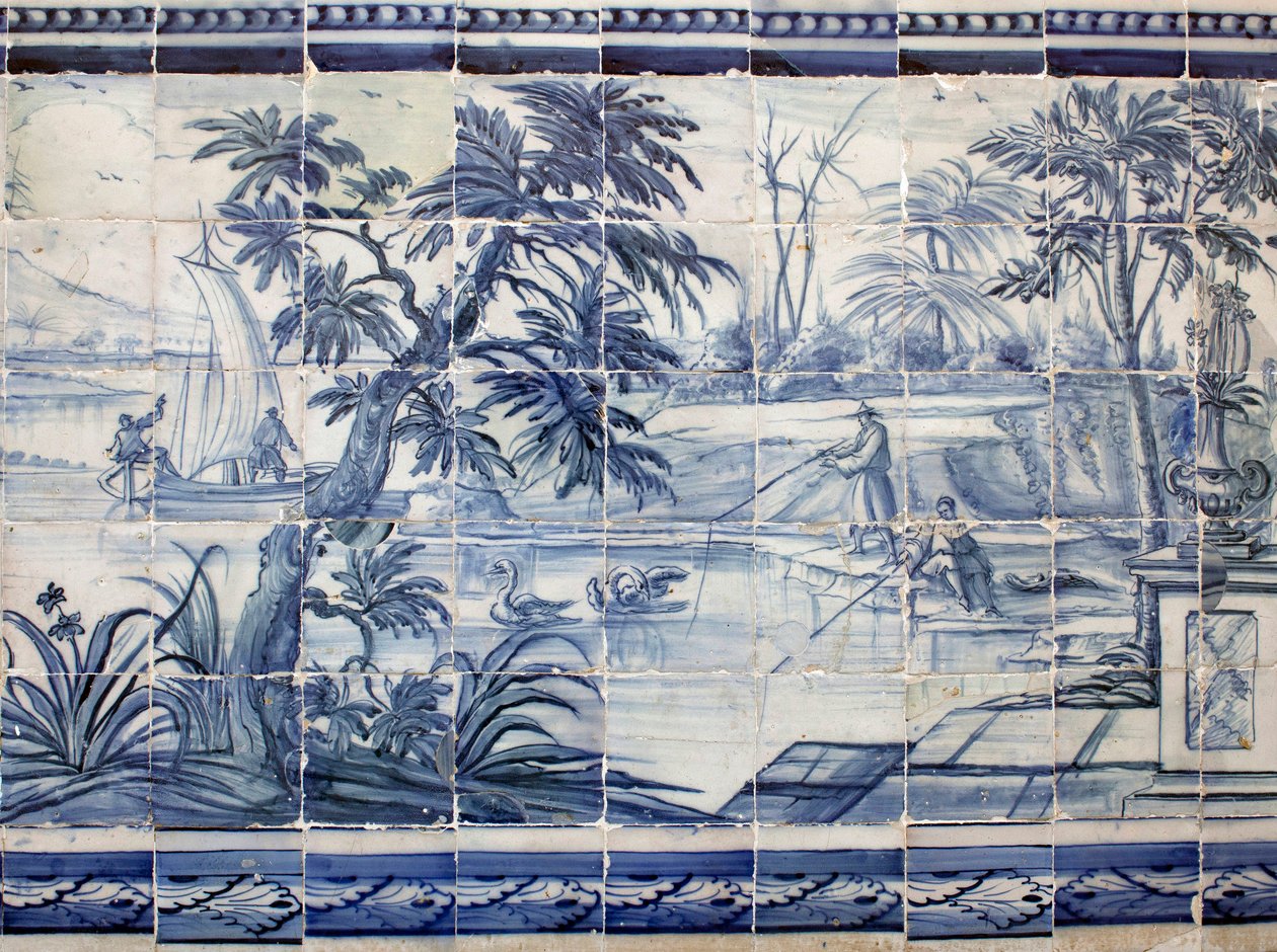 Rybacy z jeziora w Azji - Azulejos, malowany fajans autorstwa Portuguese School