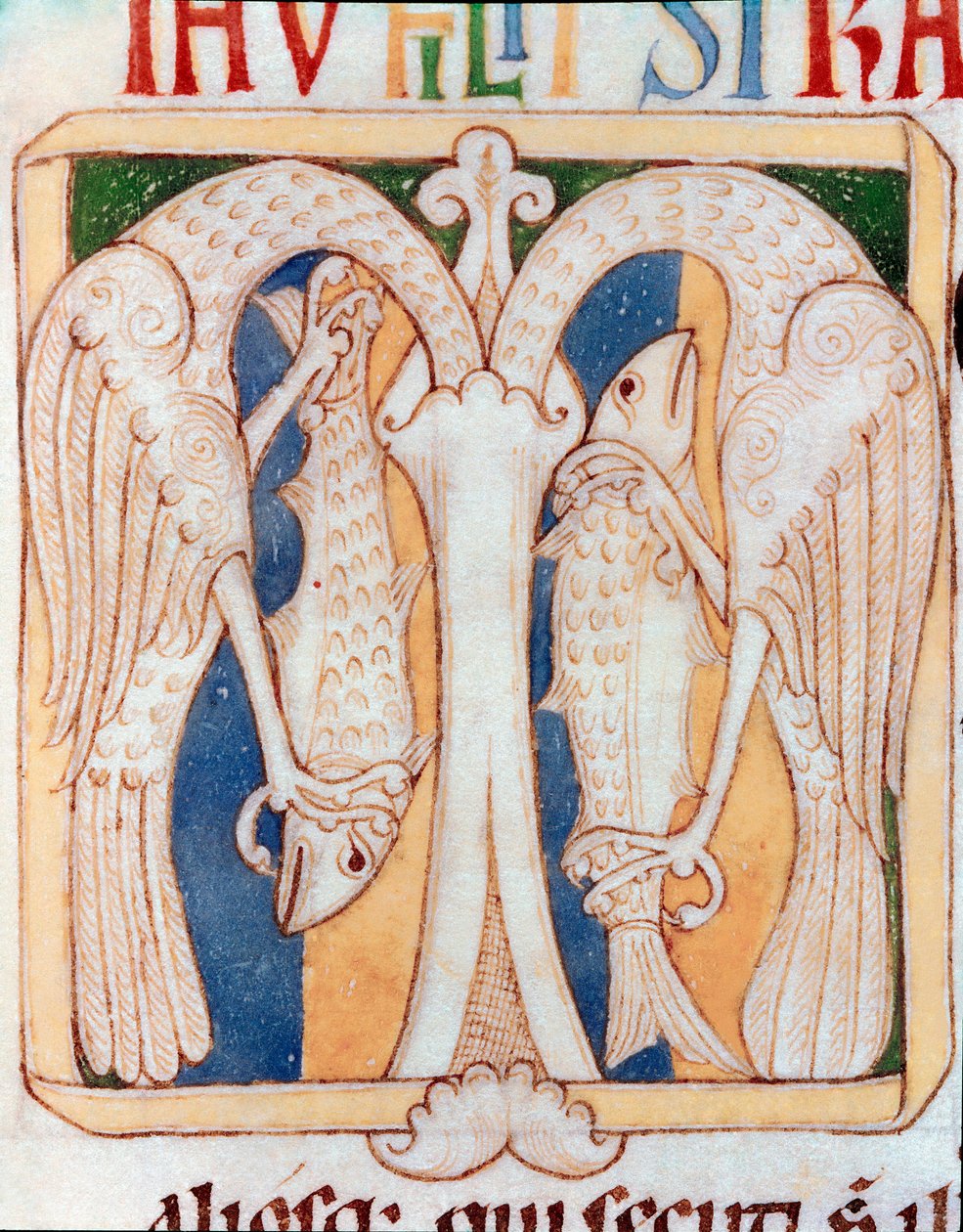 Ozdobny papier firmowy przedstawiający czaple i ryby. Miniatura z rękopisu „Testamentum Vetus” z Sancta Cruz de Coimbra. XII wiek. Porto, biblioteka miejska autorstwa Portuguese School