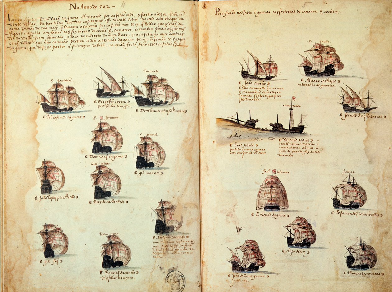 Strona rękopisu „” Pomniki armad Portugalii pod panowaniem króla Manuela I (1469-1521)”” przedstawiające floty portugalskie. 1533 p.n.e. Paryż autorstwa Portuguese School