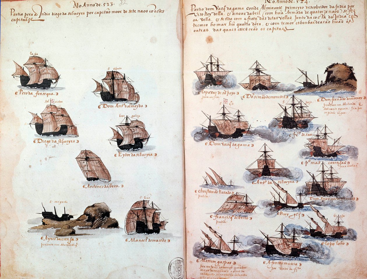 Strona rękopisu „” Pomniki armad Portugalii pod panowaniem króla Manuela I (1469-1521)”” przedstawiające floty portugalskie. 1523 p.n.e. Paryż autorstwa Portuguese School