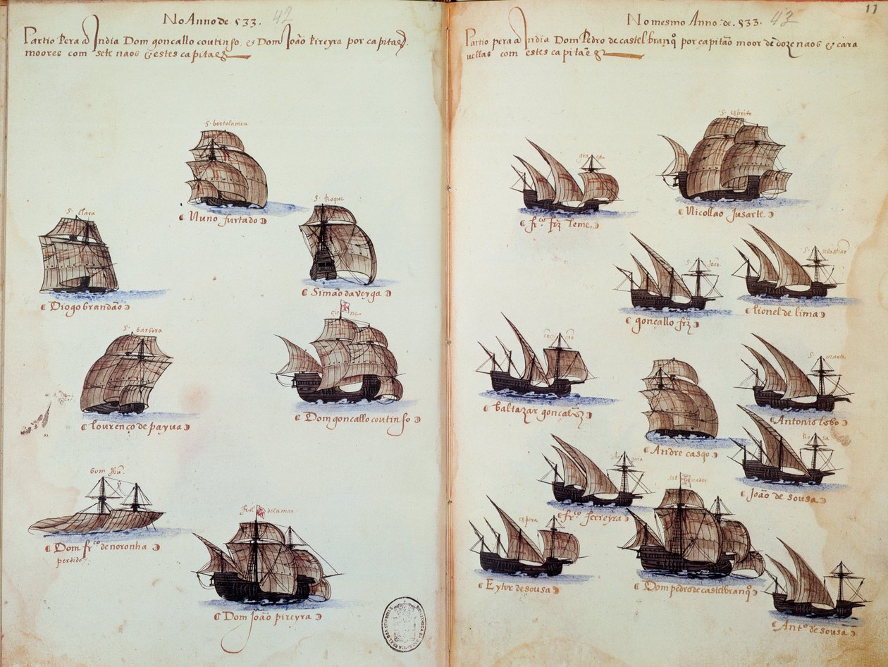 Strona rękopisu „” Pomniki armad Portugalii pod panowaniem króla Manuela I (1469-1521)”” przedstawiające floty portugalskie autorstwa Portuguese School