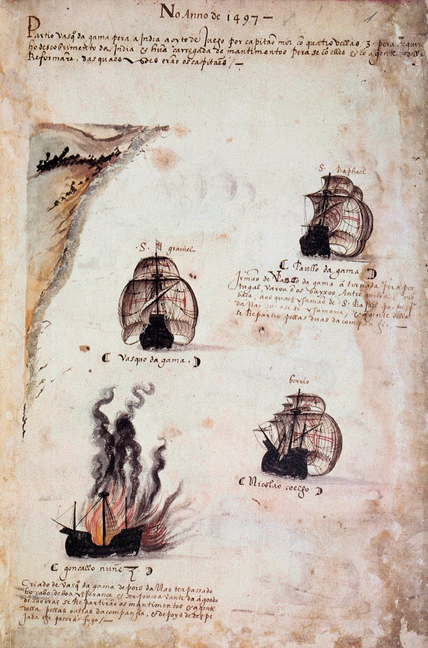 Strona rękopisu „” Pomniki armad Portugalii pod panowaniem króla Manuela I (1469-1521)”” przedstawiające floty portugalskie z roku 1497. 1523 BN. Paryż autorstwa Portuguese School