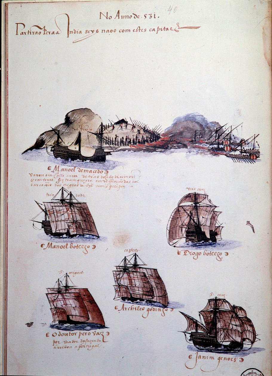 Strona rękopisu „Wspomnienia o armadach Portugalii pod panowaniem króla Manuela I (1469-1521)” przedstawiające floty portugalskie roku 1497. 1500 Lizbona, Narodowe Muzeum Sztuki Starożytnej autorstwa Portuguese School