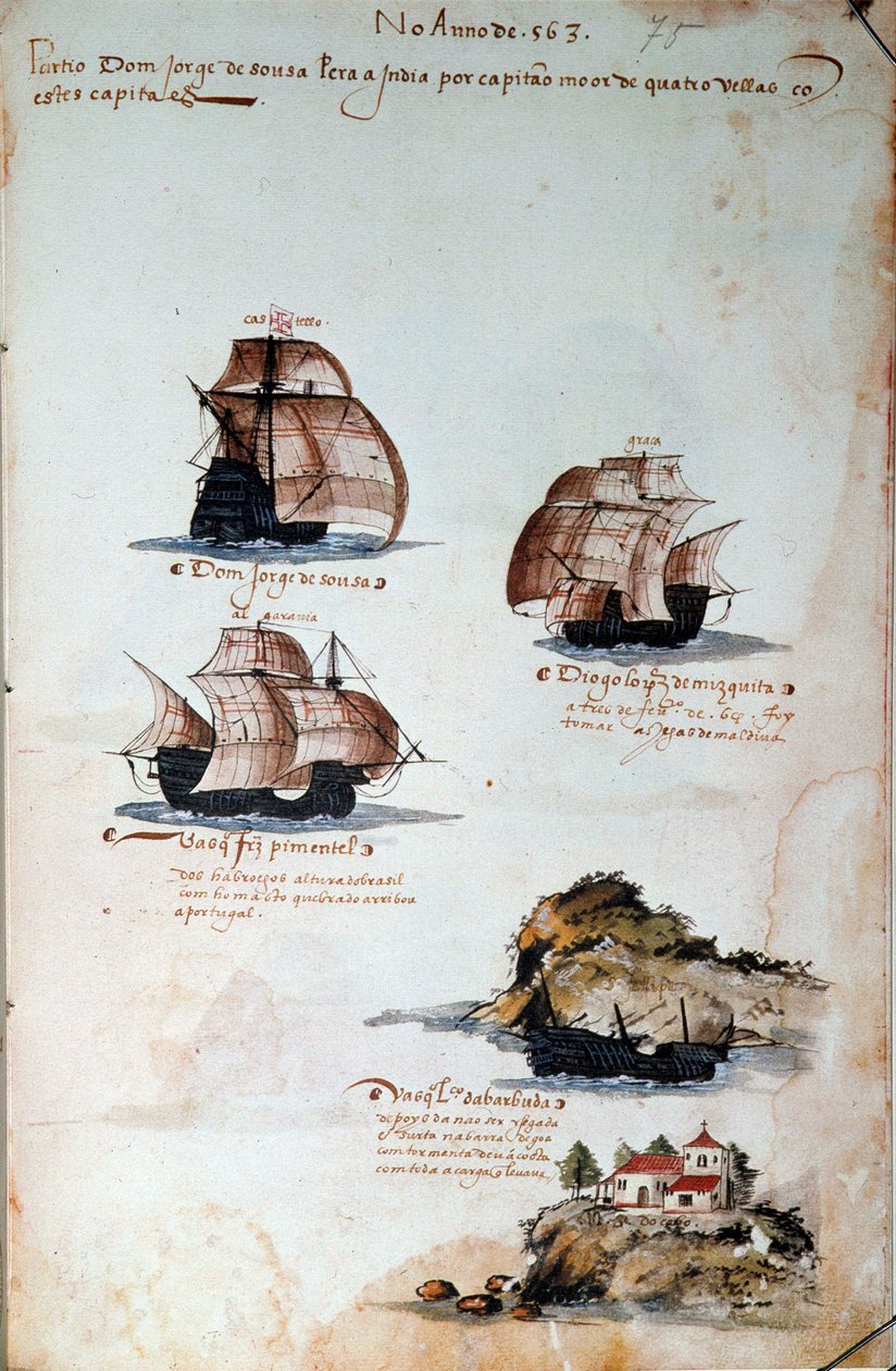 Strona rękopisu „Wspomnienia o armadach Portugalii pod panowaniem króla Manuela I (1469-1521)” przedstawiające floty portugalskie roku 1497. 1500 Lizbona, Narodowe Muzeum Sztuki Starożytnej autorstwa Portuguese School