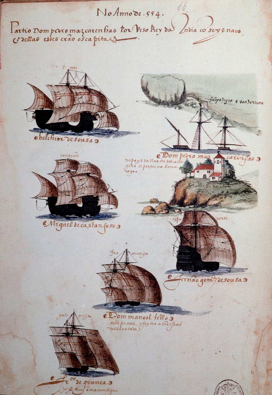 Strona rękopisu „Wspomnienia o armadach Portugalii pod panowaniem króla Manuela I (1469-1521)” przedstawiające floty portugalskie roku 1497. 1500 Lizbona, Narodowe Muzeum Sztuki Starożytnej autorstwa Portuguese School