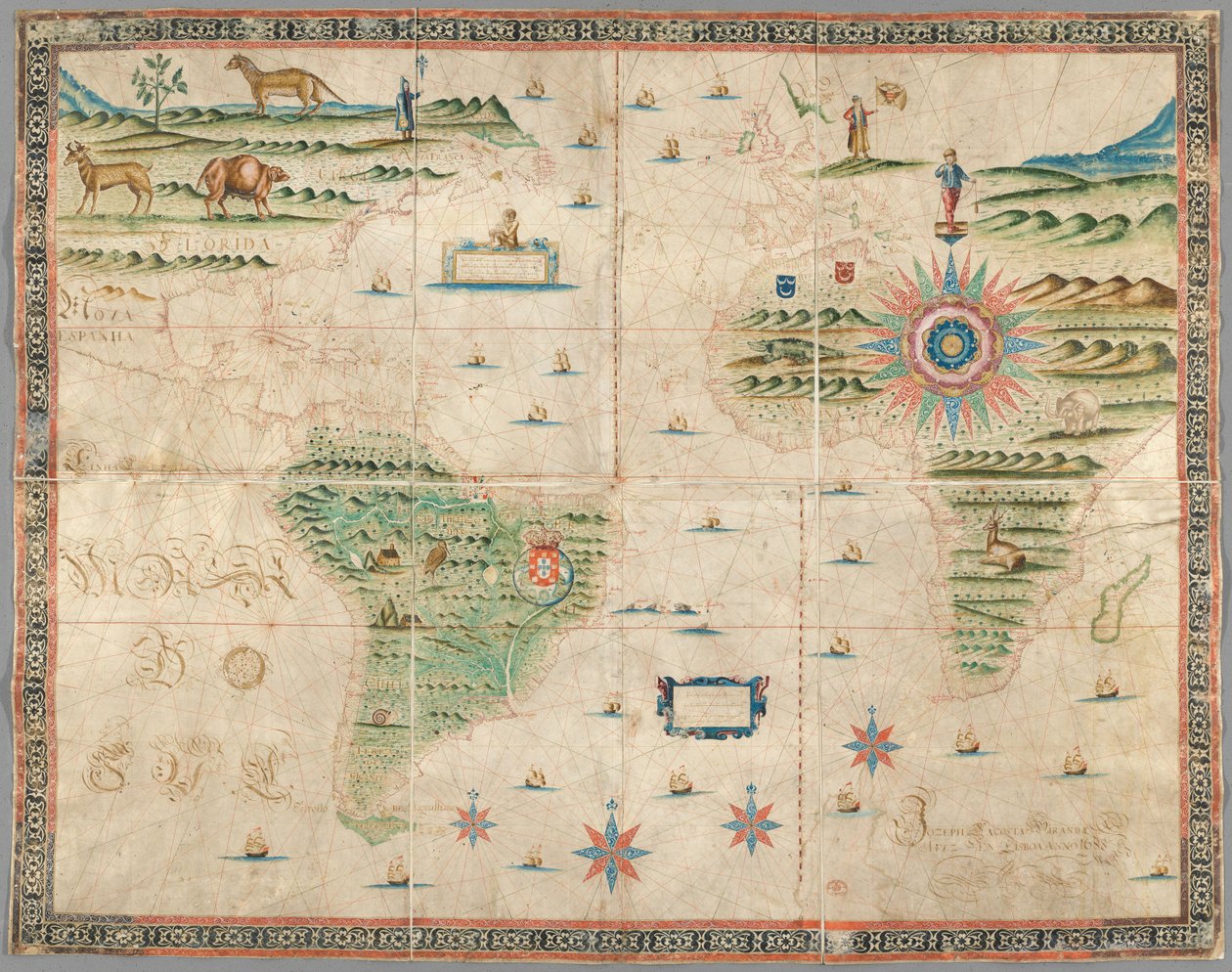 Mapa Europy Zachodniej, Afryki i Ameryki, z rysunkami gór, zwierząt itp. Joseph da Costa e Miranda autorstwa Portuguese School