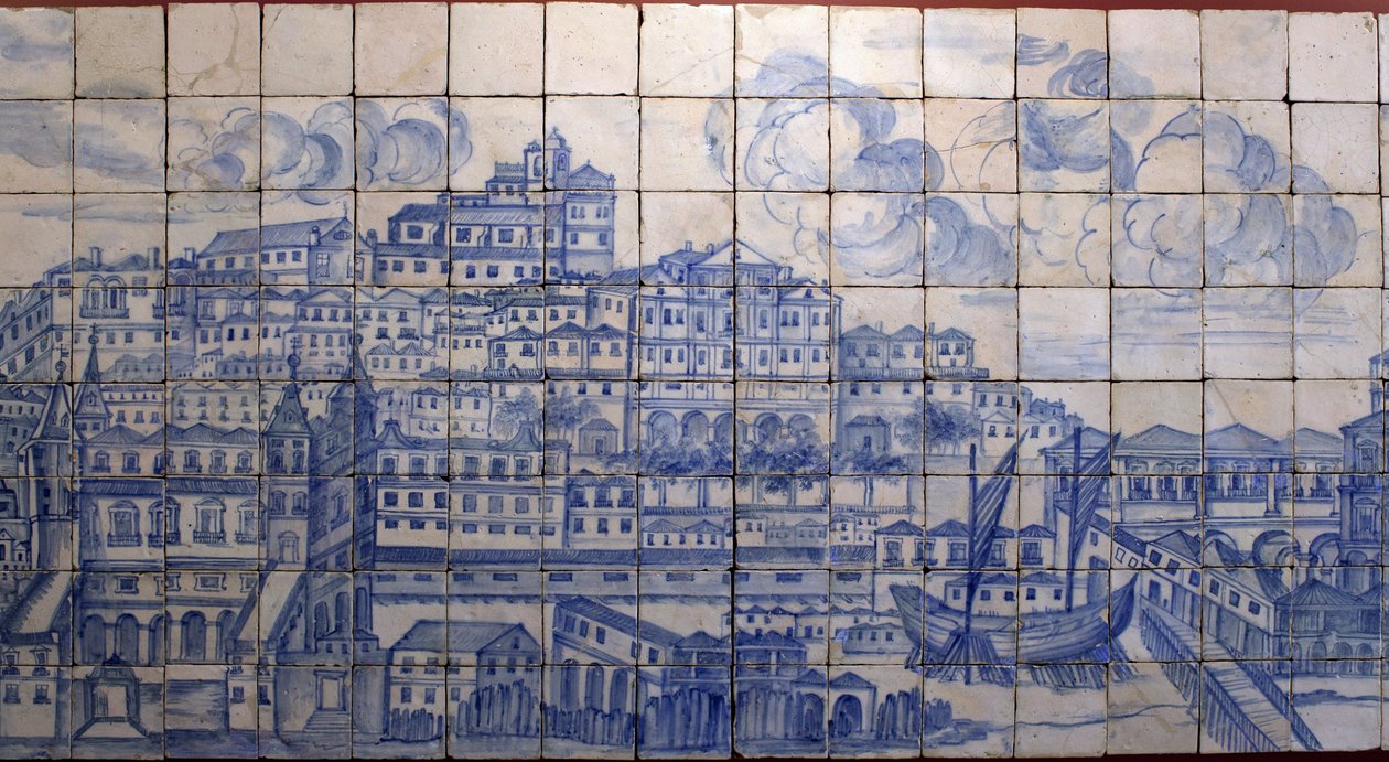 Panoramiczny widok na Lizbonę przed trzęsieniem ziemi w 1755 r. - Azulejos początek XVIII w., tablica ostrzegawcza dawnego pałacu hrabiów Tentugal, Lizbona (Wspaniała panorama Lizbony przed trzęsieniem ziemi w 1755 r., fajans początek XVIII w., starożytny  autorstwa Portuguese School