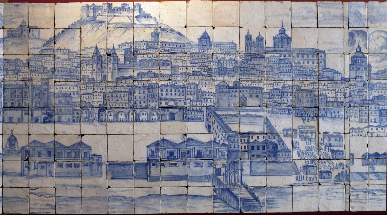 Panoramiczny widok na Lizbonę, przed trzęsieniem ziemi w 1755 r. - Azulejos początek XVIII w., tablica ostrzegawcza dawnego pałacu hrabiów Tentugal, Lizbona (Wspaniała panorama Lizbony przed trzęsieniem ziemi w 1755 r., fajans początek XVIII w., starożytny autorstwa Portuguese School