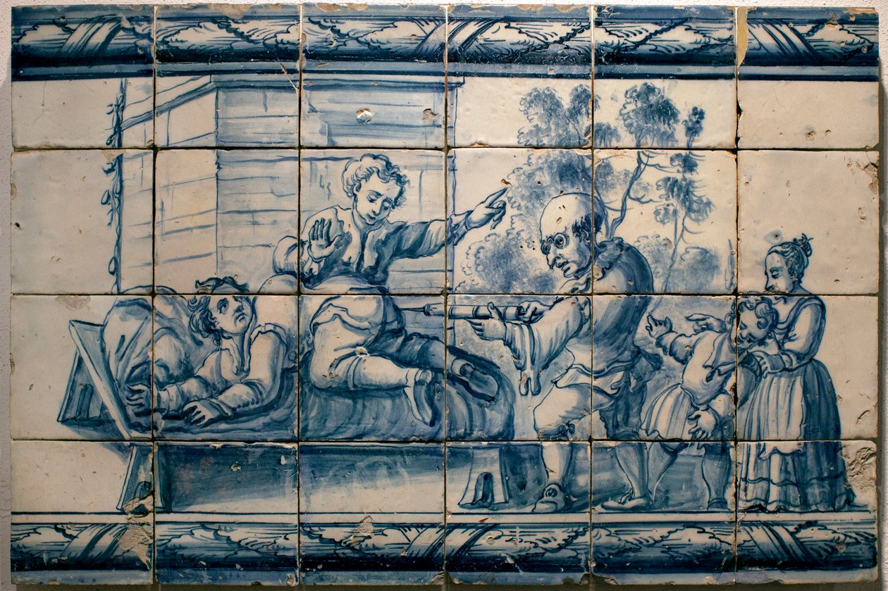 Lekarz wykonujący lewatywę pacjentowi - Panel satyryczny Lizbony, pierwsza połowa XVIII wieku (Lekarz - Panel satyryczny, pierwsza połowa XVIII wieku) - Musee national des azulejos, Lizbona (Portugalia) autorstwa Portuguese School