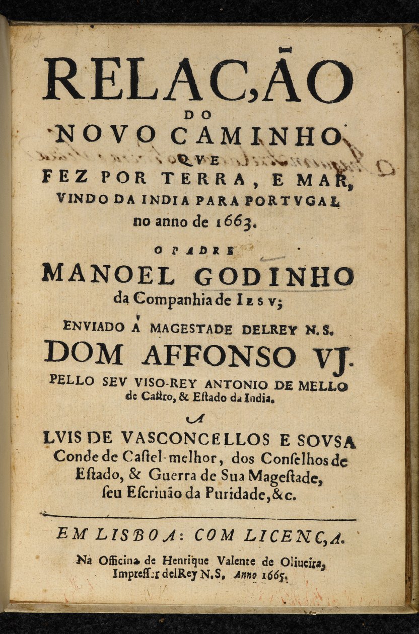 Strona tytułowa Manuel Godinho, Relação do Novo Caminho que Fez por Terra e Mar, Vindo da India para Portugal no Ano de 1663, Lizbona: Henrique Valente de Oliveira. autorstwa Portuguese School