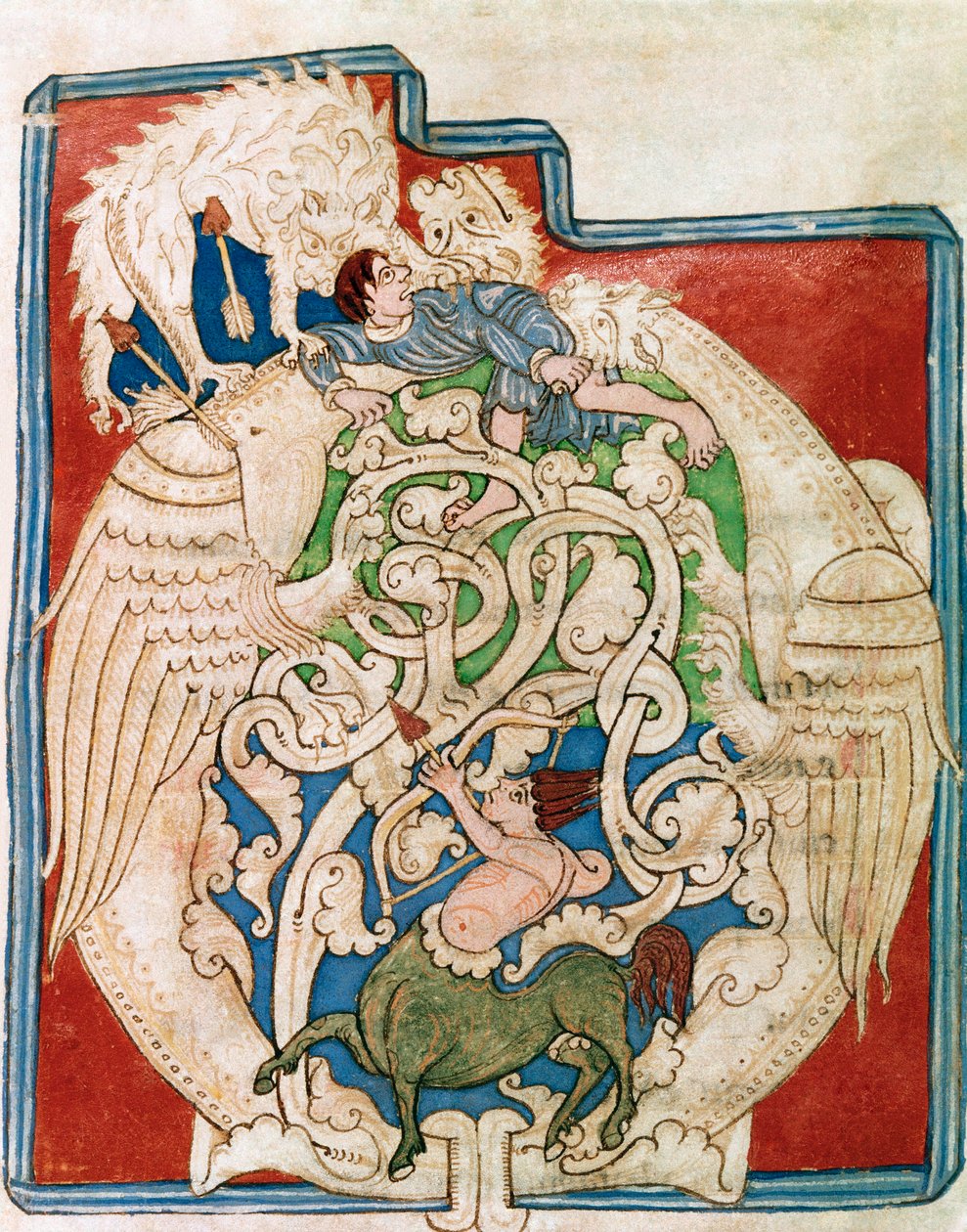 Opakowanie O z przedstawieniem polującego centaura. Miniatura zaczerpnięta z „”Starego Testamentu”” (Testamentum vetus) Z Sancta Cruz de Coimbra. XII wiek. Porto, Biblioteka Miejska autorstwa Portuguese School