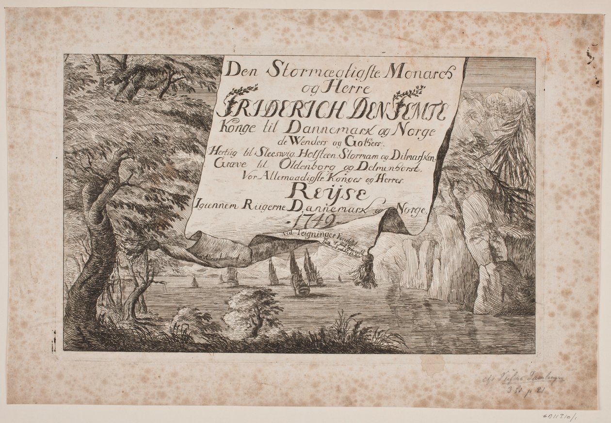 Strona tytułowa do podróży króla Fryderyka V przez Danię i Norwegię 1749 autorstwa Poul Isac Grønvold