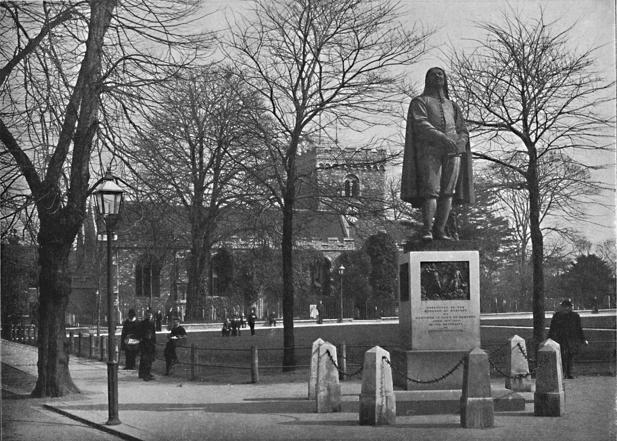 Bedford: Kościół św. Piotra i posąg Bunyana, c1896 autorstwa Poulton and Co