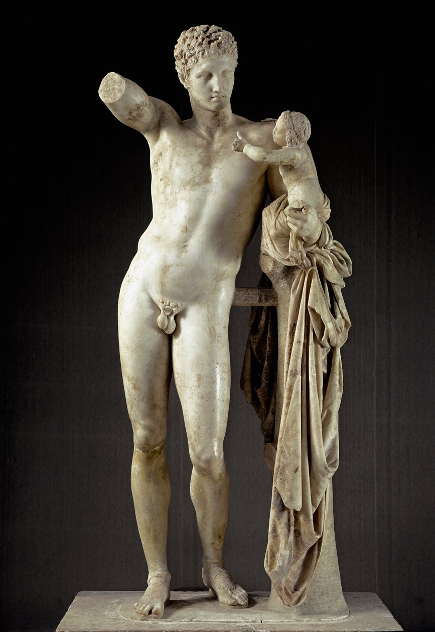 Sztuka grecka: Hermes i dziecko Dionizosa - Marmurowa rzeźba Praksytela (IV wiek pne) ze świątyni Hery w Olimpii, 330 pne, wym. 213 cm - Olimpia, muzeum archeologiczne - Hermes niosący Dionizosa - Rzeźba z marmuru (wys. 213 cm), autorstwa Praxitele (ok. 40 autorstwa Praxiteles