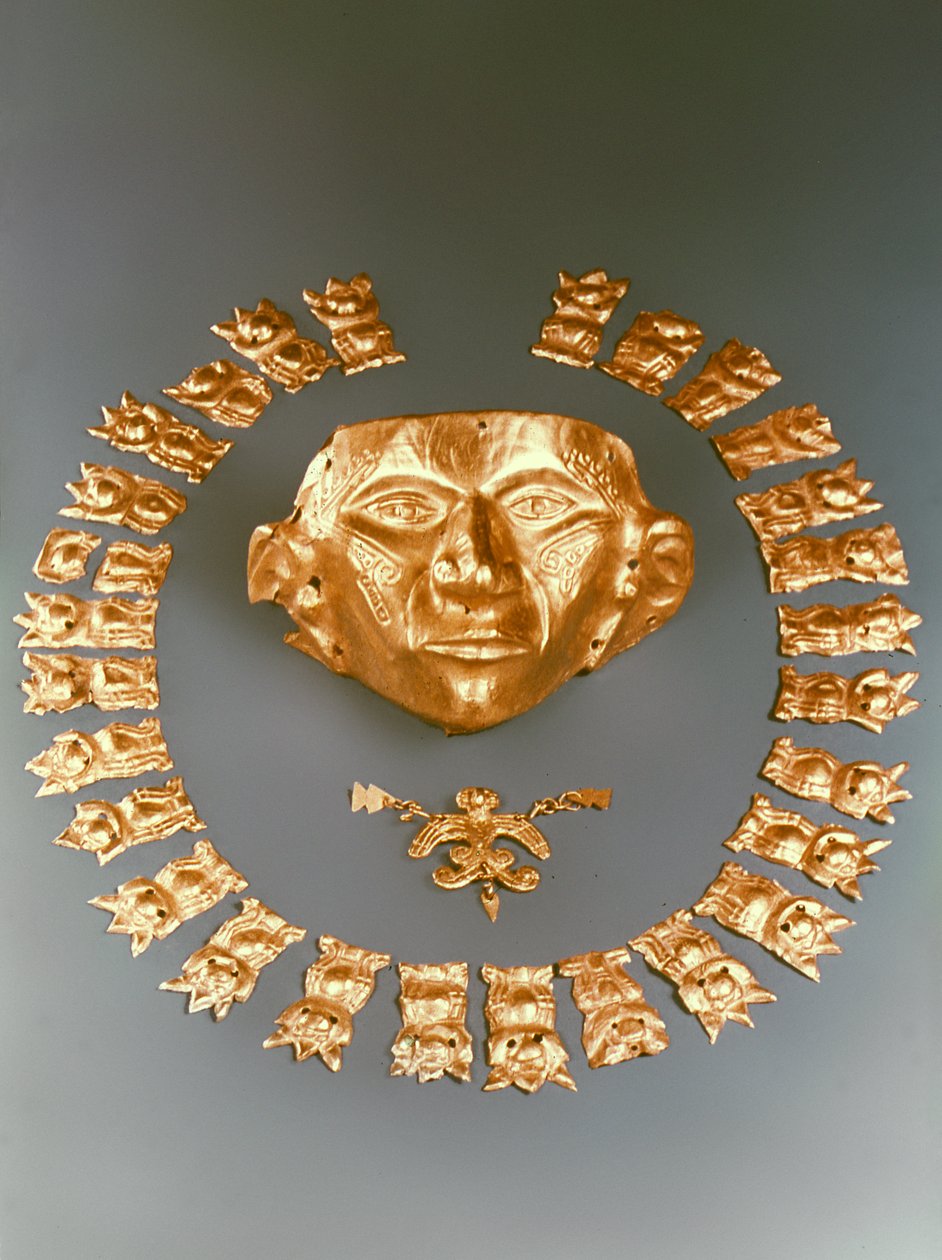 Maska, wisiorek z ptakiem i plakietki, Cauca autorstwa Pre Columbian