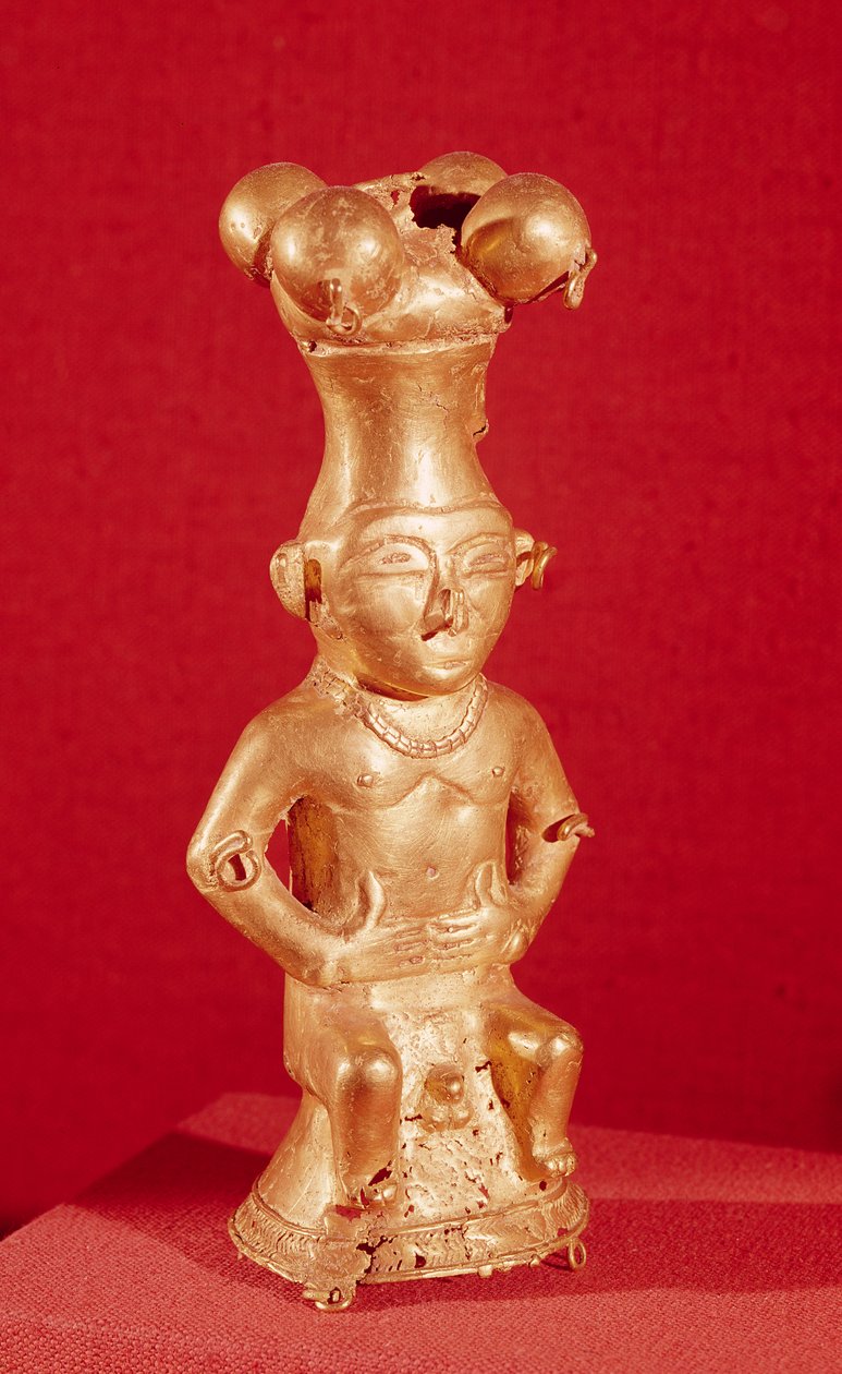 Pojemnik Quimbaya w formie siedzącego mężczyzny, z Kolumbii (złoto) autorstwa Pre Columbian