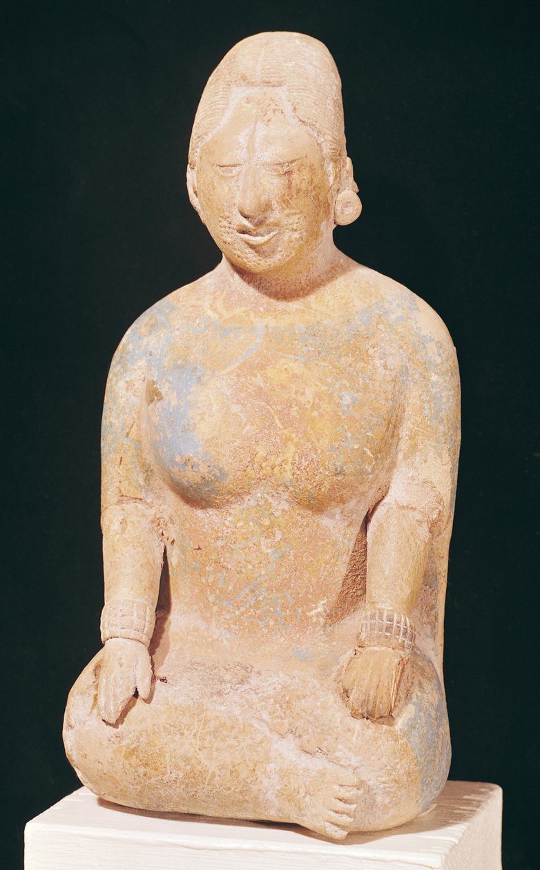 Posąg siedzącej kobiety, z cmentarza na wyspie Jaina, stan Campeche, VII-X w. (kamień polichromowany) autorstwa Pre Columbian