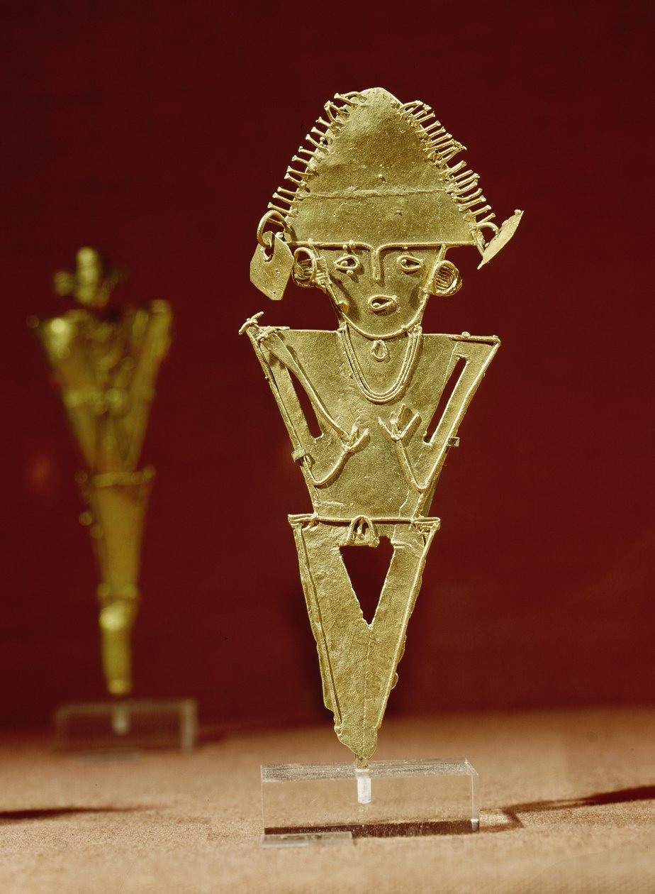 Antropomorficzna figurka wojownika, z Tabio, Cundinamarca, kultura Muisca, 1100-1500 (złoto) autorstwa Pre Columbian