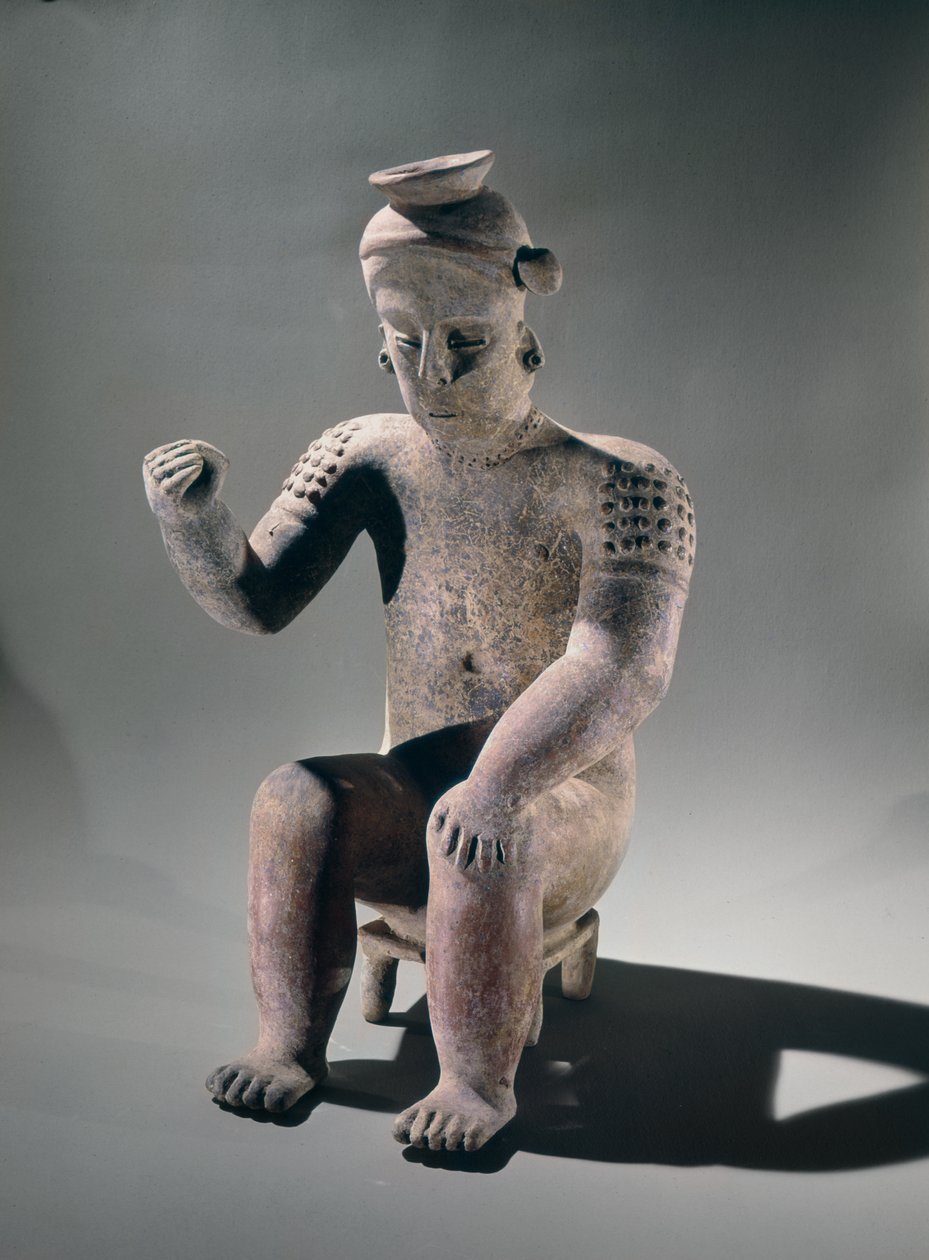 Słój z wizerunkiem przedstawiający mężczyznę siedzącego na małym stołku, styl Colima (ceramika) autorstwa Pre Columbian Pre Columbian