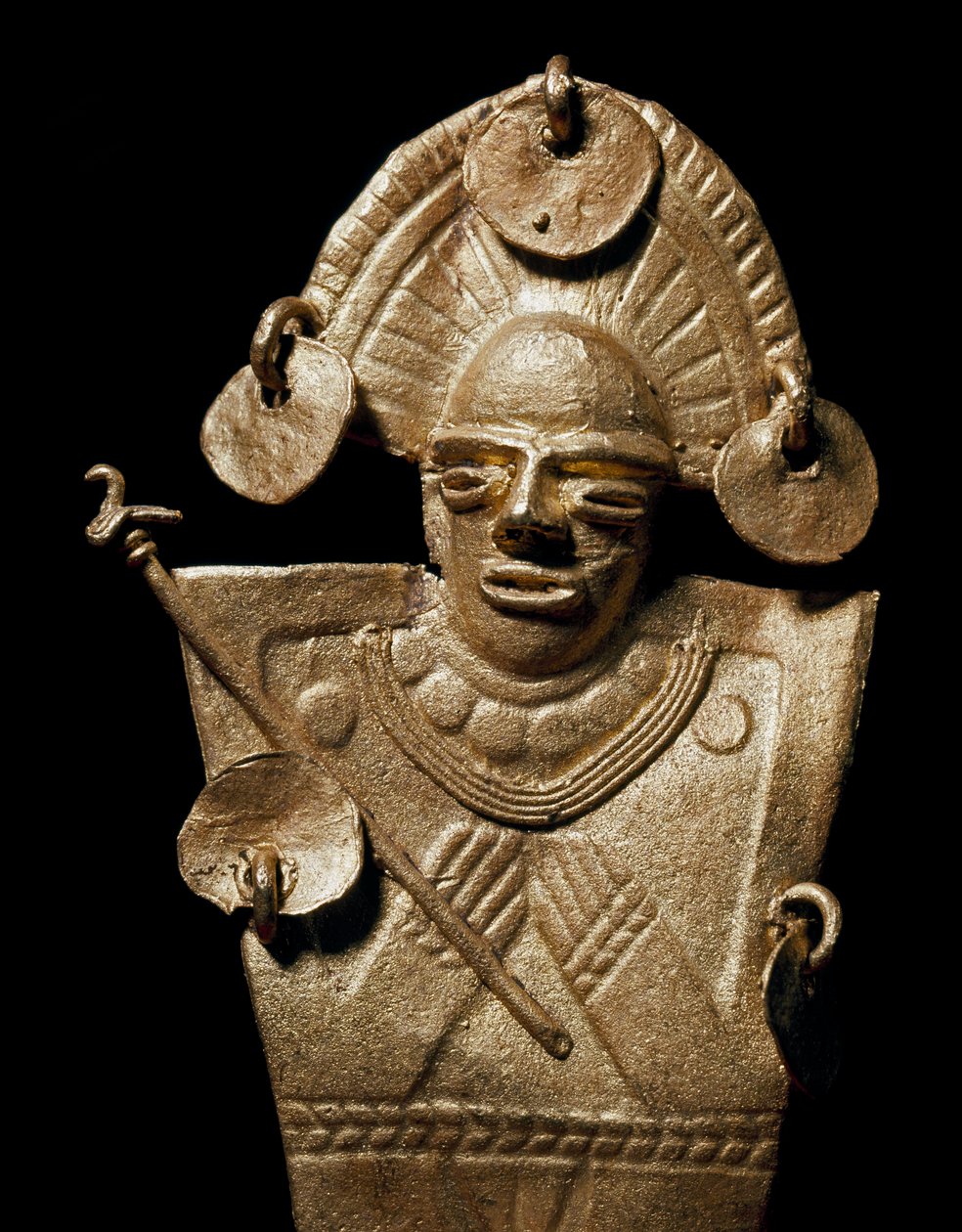 Sztuka przedkolumbijska, cywilizacja Muisca: statuetka kobiety (Tunjo) w złotym ceremonialnym stroju. XV-XVII wiek. Bogota, Museo de Oro, Kolumbia - Sztuka prekolumbijska, kultura Muisca (XV-17 AD): złoty posąg tundżo, kobieta ubrana w uroczysty strój autorstwa Pre Columbian
