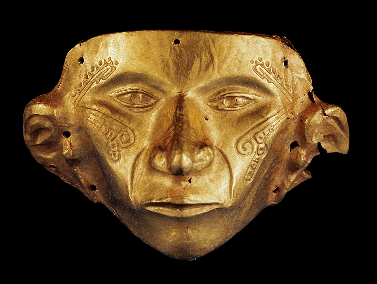 Maska prekolumbijska z Parku Archeologicznego Tierradentro, Alto de San Andres w Kolumbii (złoto) autorstwa Pre Columbian Pre Columbian
