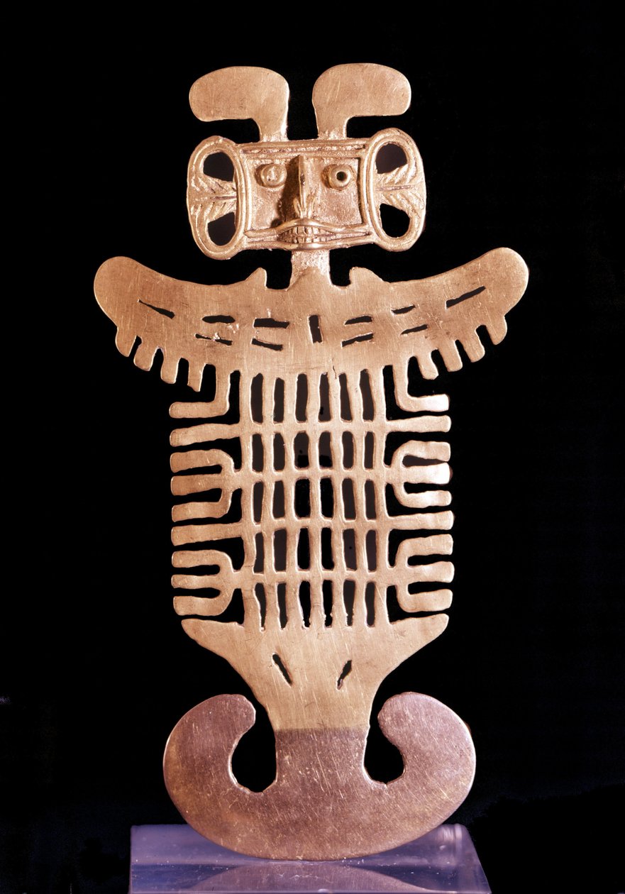 Sztuka prekolumbijska: Antropomorficzny wisiorek. Klejnot kultury Tolima (region Kolumbii) z odlewanego złota, wykonany między V a X wiekiem. Metropolitan Museum of Art w Nowym Jorku. autorstwa Pre Columbian Pre Columbian