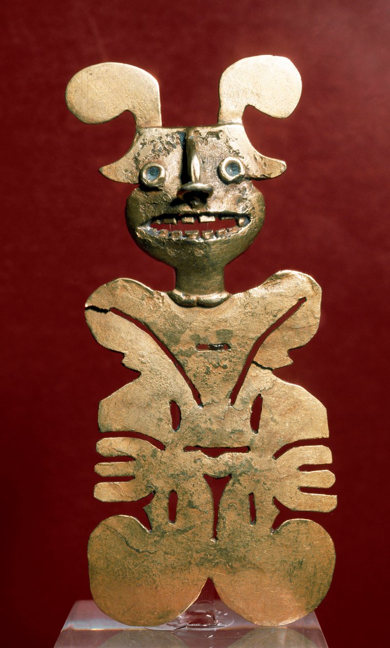 Sztuka przedkolumbijska, cywilizacja Quimbaya (Kolumbia): antropomorficzna statuetka ze złota. 400-1400 n.e. Bogota, Museo de Oro, Kolumbia autorstwa Pre Columbian Pre Columbian