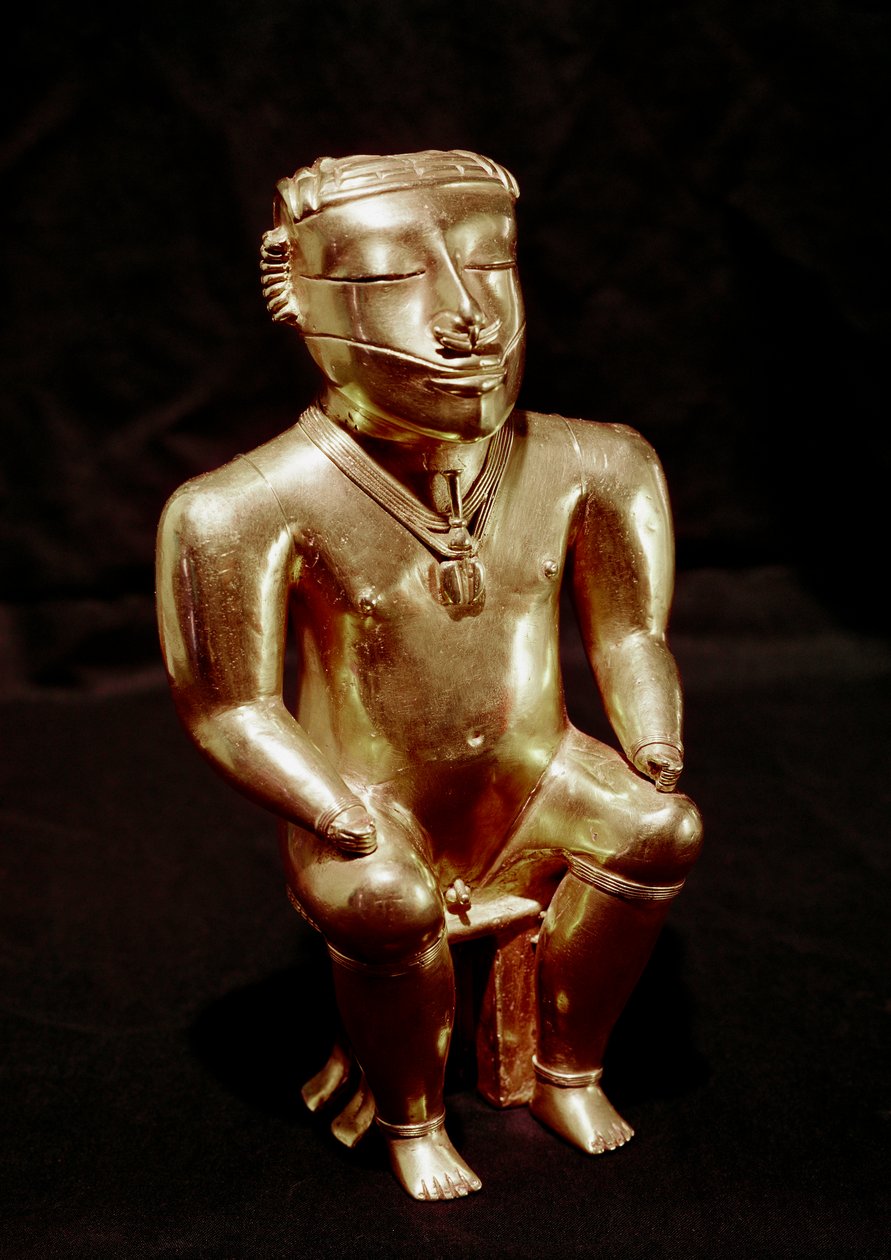 Sztuka prekolumbijska, cywilizacja Quimbaya (Kolumbia): statuetka siedzącego człowieka w złocie, 400-1400 ne - Bogota, Museo de Oro, Kolumbia - sztuka prekolumbijska, cywilizacja Quimbaya (Kolumbia), figura antropomorficzna: siedzący mężczyzna - złota rzeź autorstwa Pre Columbian Pre Columbian