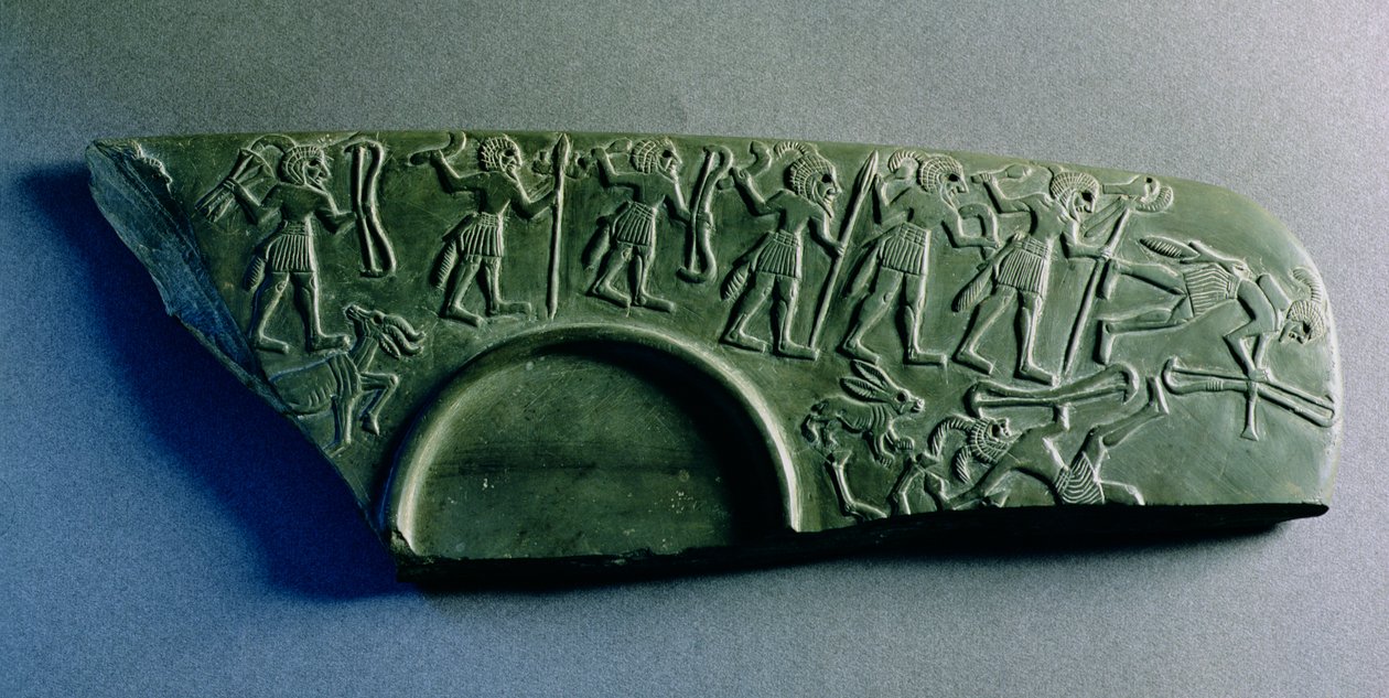 Fragment palety ze sceną polowania, z Abydos, ok. 3300-3100 pne (szarogłaz) autorstwa Predynastic Period Egyptian