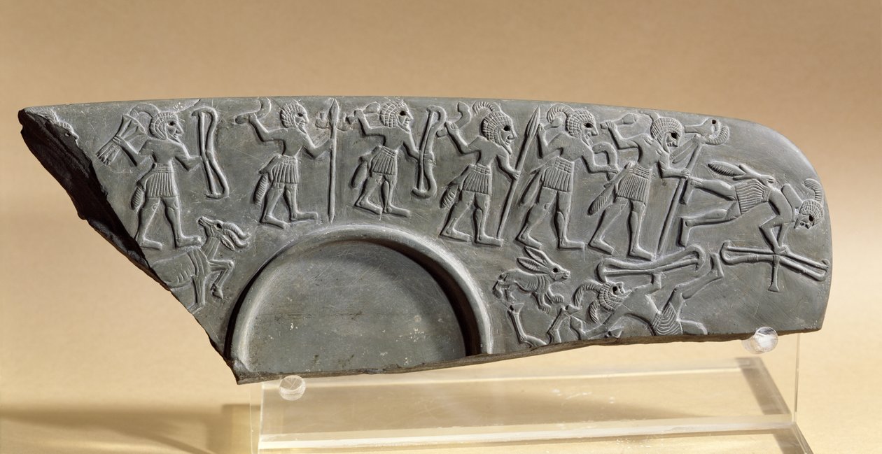 Fragment palety myśliwych, prawdopodobnie z Tell el-Amarna (łupki) autorstwa Predynastic Period Egyptian