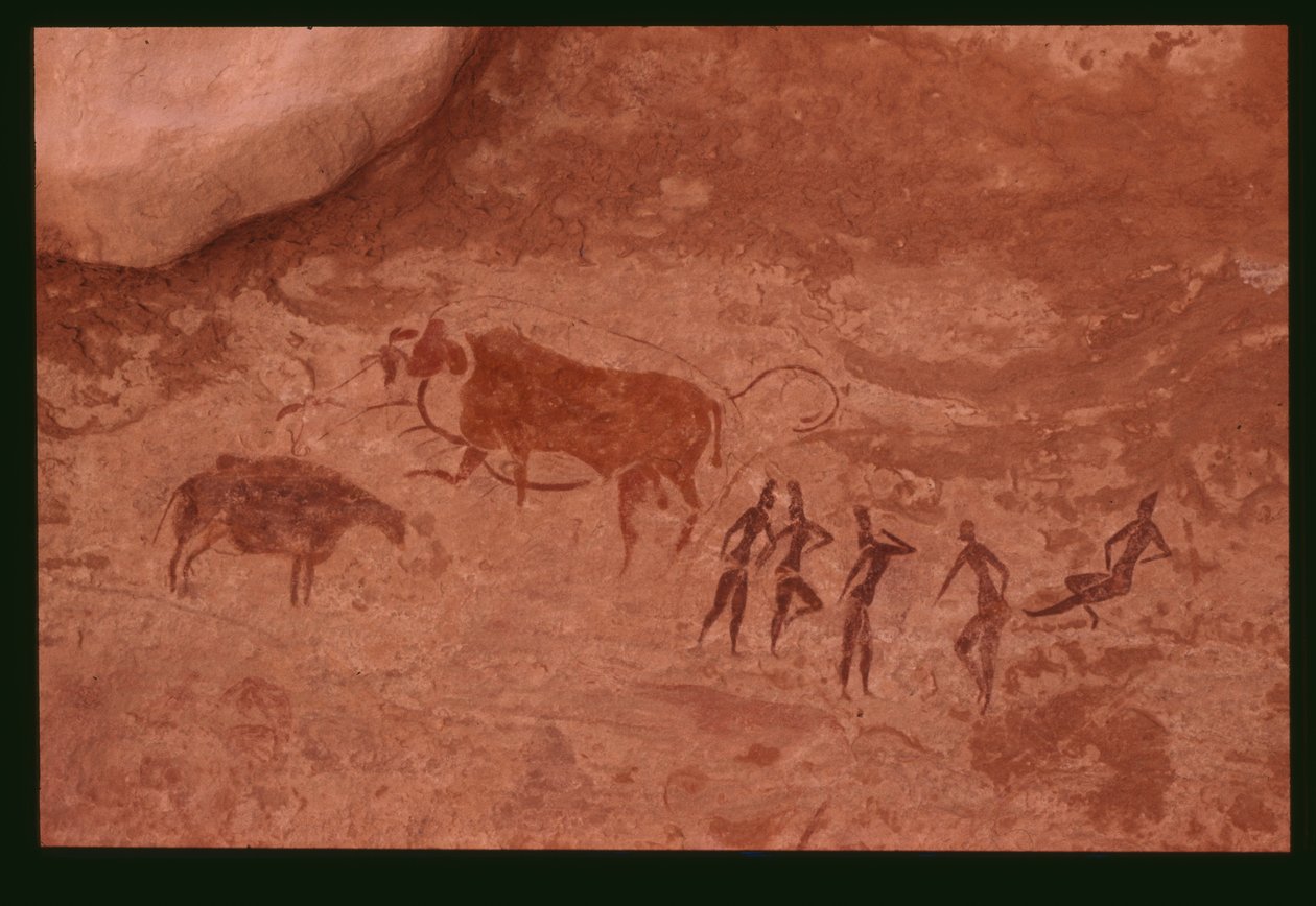 Krowy i postacie ludzkie (malarstwo naskalne) autorstwa Prehistoric