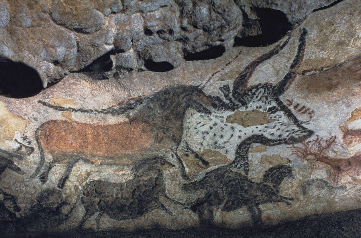 Malowidło naskalne przedstawiające byka i konie, ok. 17000 pne (malarstwo jaskiniowe) autorstwa Prehistoric