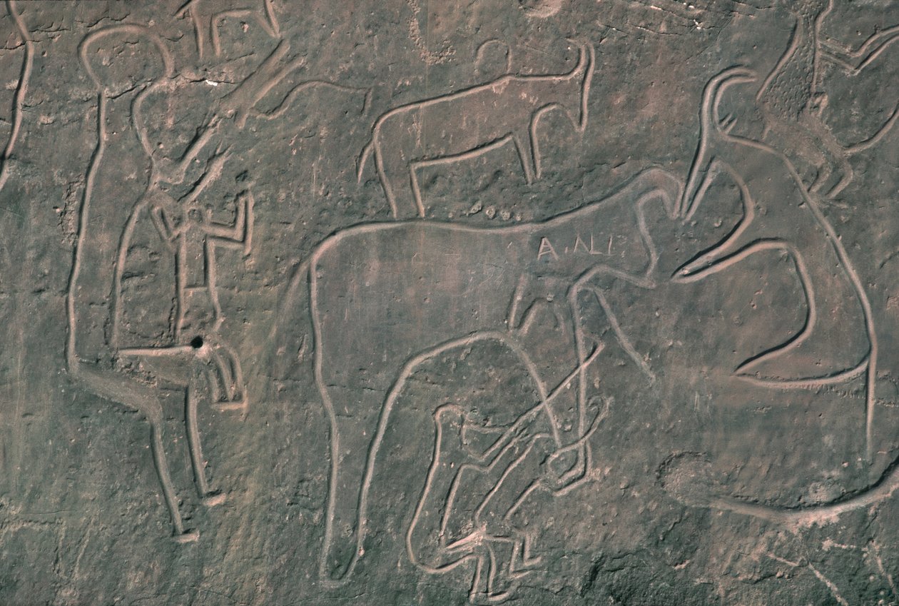 Postacie ludzkie i zwierzęta (malarstwo naskalne) autorstwa Prehistoric