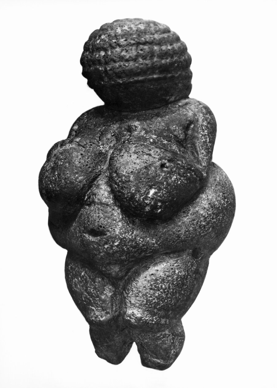 Wenus z Willendorfu, widok z boku kobiecej figurki, kultura grawecka, okres górnego paleolitu, ok. 30000-18000 pne (wapień oolitowy zabarwiony czerwoną ochrą) autorstwa Prehistoric