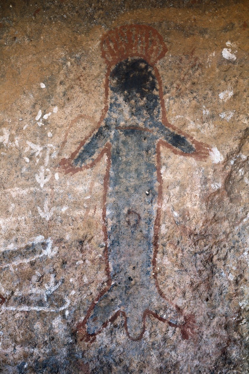 Aborygeńskie malowidło naskalne, postać kobiety (tiliqua?), w Uluru (lub Ayers Rock), na Terytorium Północnym, w środkowej Australii (malarstwo) autorstwa Prehistoric Prehistoric