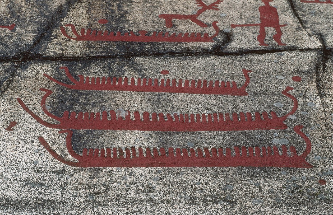 Łodzie, skała Fossum, Petroglyph of Tanum, Szwecja autorstwa Prehistoric Prehistoric
