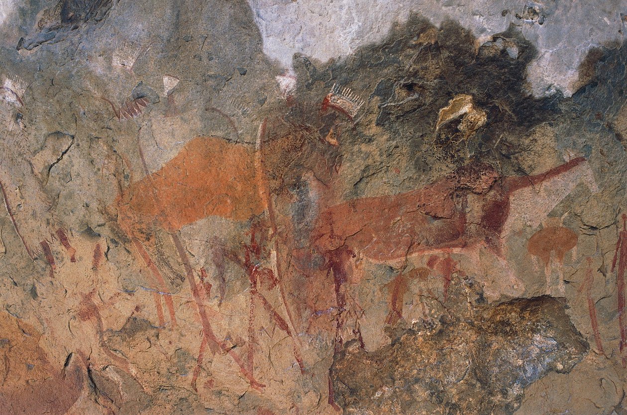 Postacie ludzkie i zwierzęce, buszmeny lub malowidła jaskiniowe, Park Maloti-Drakensberg (Lista Światowego Dziedzictwa UNESCO, 2000), Lesotho autorstwa Prehistoric Prehistoric