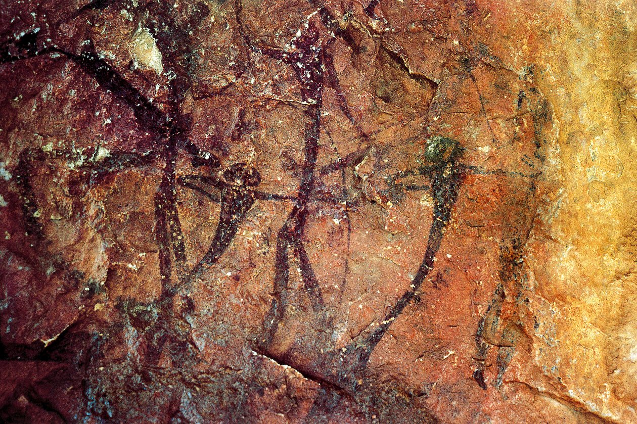 Postacie ludzkie z kokardkami, Cueva del Civil, Tirig, Barranc de la Valltorta, Walencja, Hiszpania (malarstwo) autorstwa Prehistoric Prehistoric