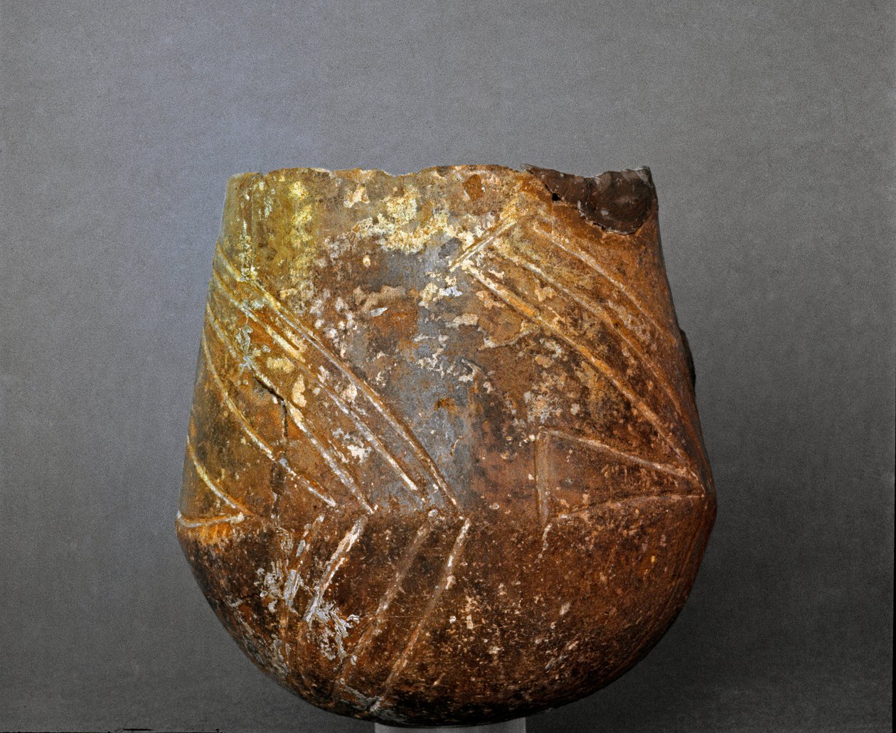 Prehistoria: waza z terakoty z nekropolii Caolino w Sasso di Furbara w Lacjum. Era kamienia łupanego. Neolityczny. Rzym, Narodowe Muzeum Etnografii Prehistorycznej Luigi Pigorini autorstwa Prehistoric Prehistoric