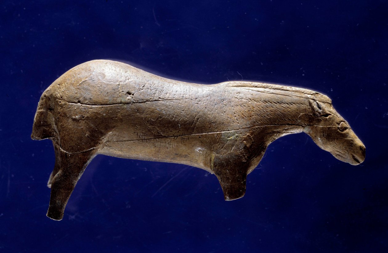 Sztuka prehistoryczna (środek magdaleński): rzeźba w rundzie konia w mamut z kości słoniowej z jaskini Espelugues (Hautes-Pyrenees) wym. 0,073x0,035x0,017 m. Saint Germain en Laye, Muzeum Archeologii Narodowej autorstwa Prehistoric Prehistoric