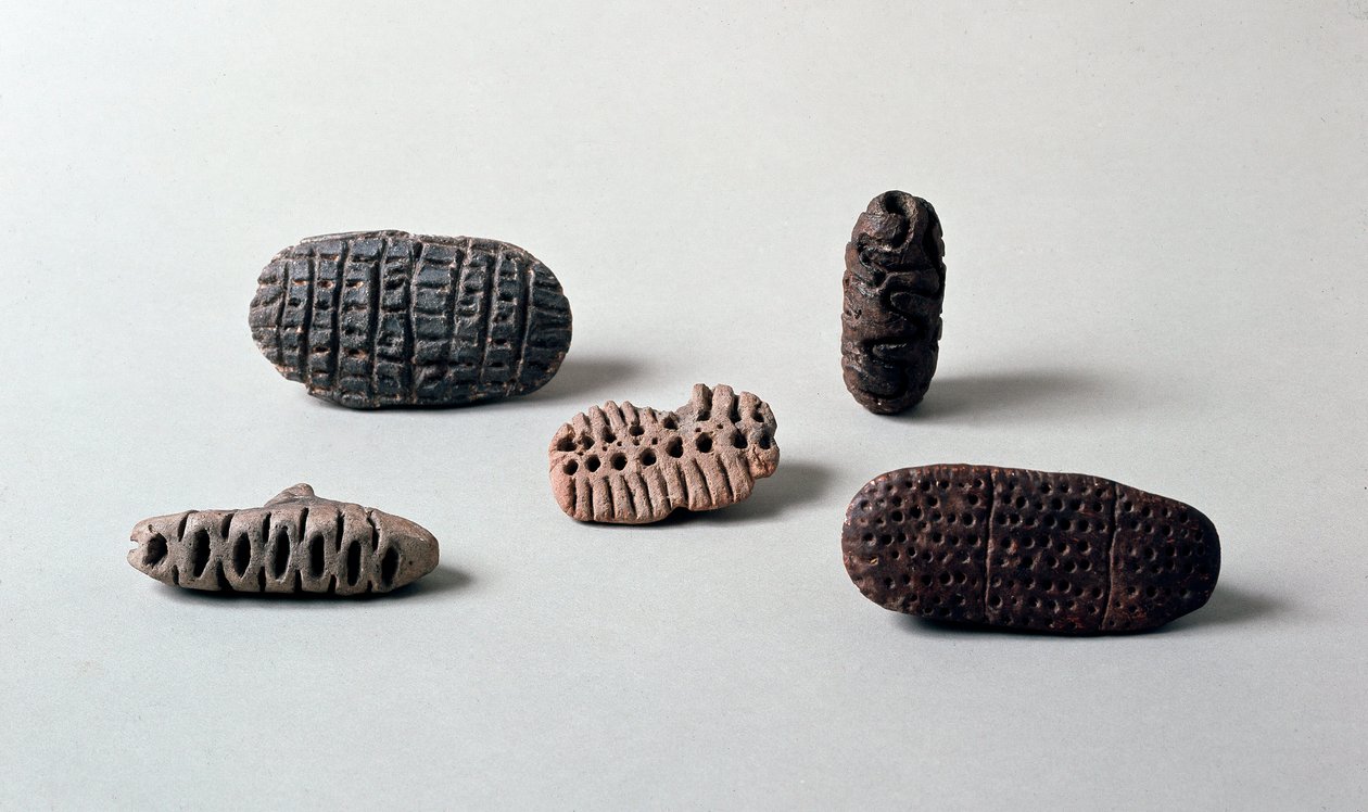 Prehistoria: różne pintadery (pieczęcie) neolitycznej terakoty od Caverna Delle Arene do Kandyda (Liguria). Pegli, Muzeum Villa Pallavicini autorstwa Prehistoric Prehistoric